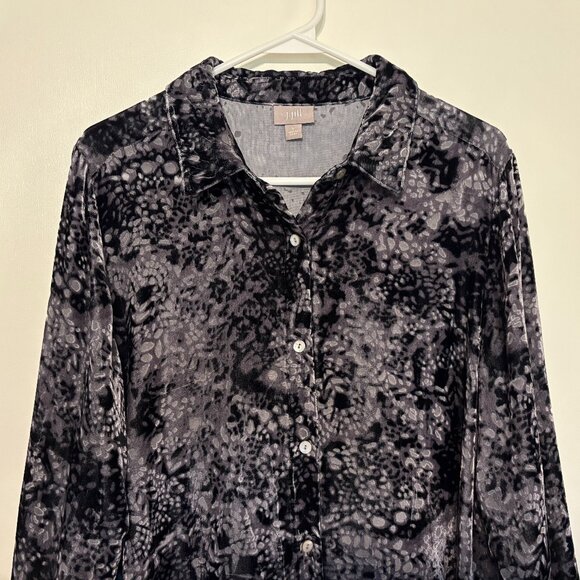 J. Jill Womens Silk-Blend Velvet Lace Button-Front Shirt Top Blouse L Black/Gray - Picture 2 of 9